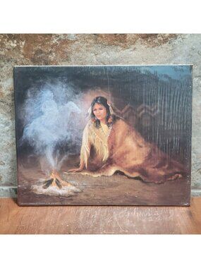 Vintage Unframed Indian Maiden & Campfire Art Print 1990 Artist Marianne Carosel